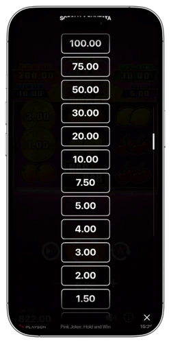 Pink Joker slot: schermata di selezione della puntata da €0,20 a €100