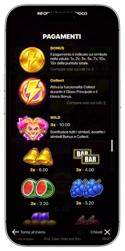 Pink Joker Hold and Win: schermata informativa con paytable e regole del gioco